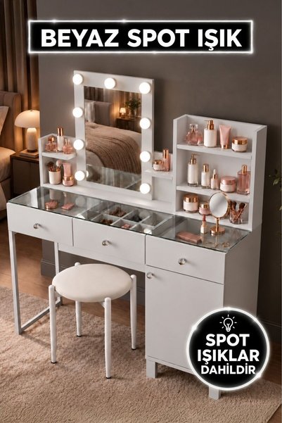 Rani Mobilya Rani BJ258 Hollywood Işıklı Aynalı Kulis Makyaj Masası Cam Tabla...