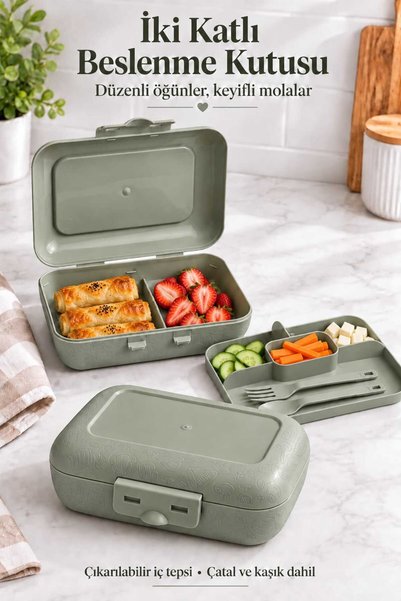 Okyanus Home Green Lunch Box 2 Tiers 5 Compartments Lunch Box with Fork and S...