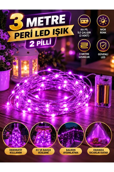 Leddünyası 3 Metre 2 Pilli Mor Led--led Işık (2 Adet)