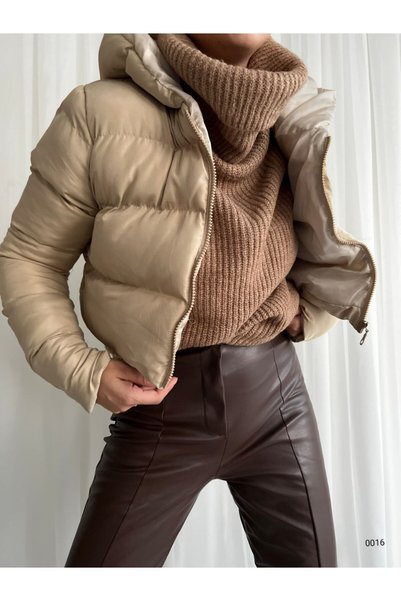 WoolnClyde Women's Cream Water Repellent Long Sleeve Zippered Short Inner Lined Crop Hooded Puffer Coat