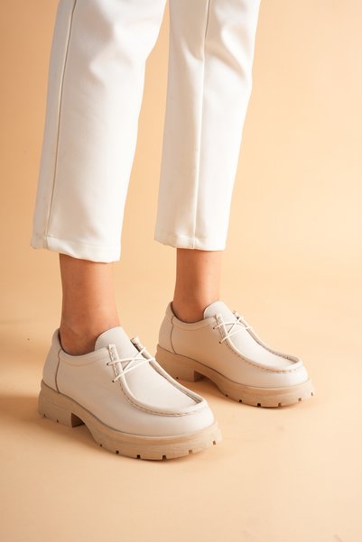 ANALİN SHOES حذاء نسائي من الجلد الطبيعي بنعل خفيف ورباط - كريمي