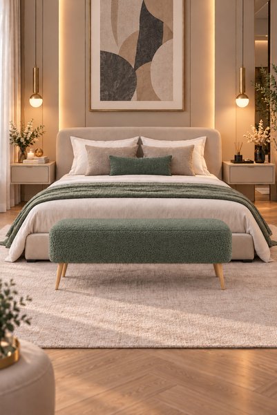 DEKOZUM LONDON Teddy Kumaş Puf Bench Ahşap Ayaklı Modern Oturma Bankı, Yatak ...
