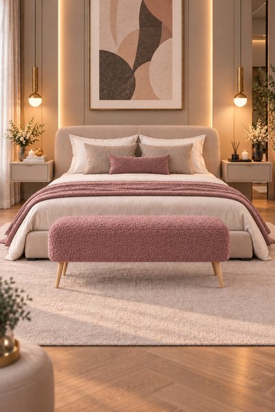 DEKOZUM LONDON Teddy Kumaş Puf Bench Ahşap Ayaklı Modern Oturma Bankı, Yatak ...