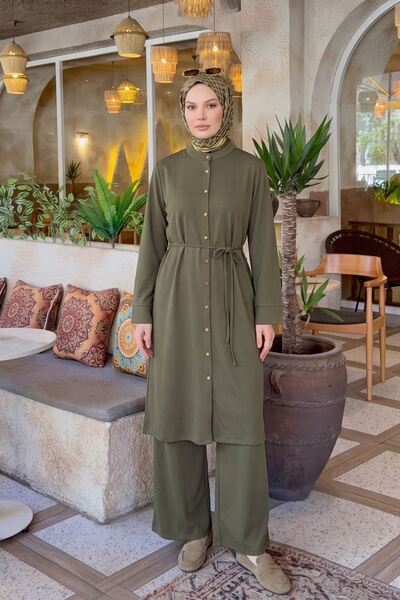 Generic Brand Women's High Collar Long Tunic with Buttons and Tie-Up Pants, P...