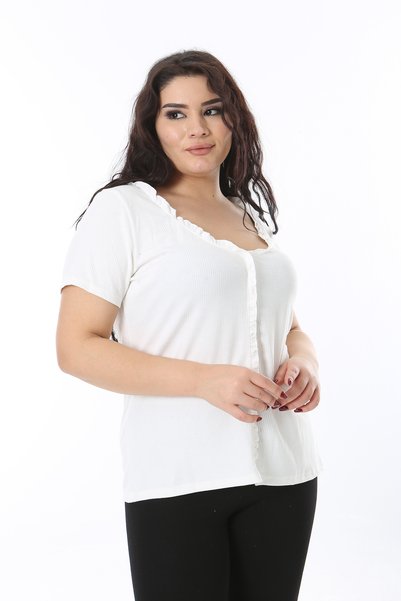 Şans Women's Plus Size Bone Front Trim Placket and Neck Ruffle Detail Lycra B...