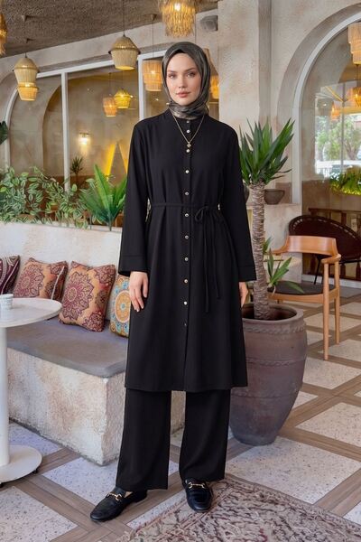 Generic Brand Women's High Collar Long Tunic Buttoned Tie-Up Pants Pique Fabr...