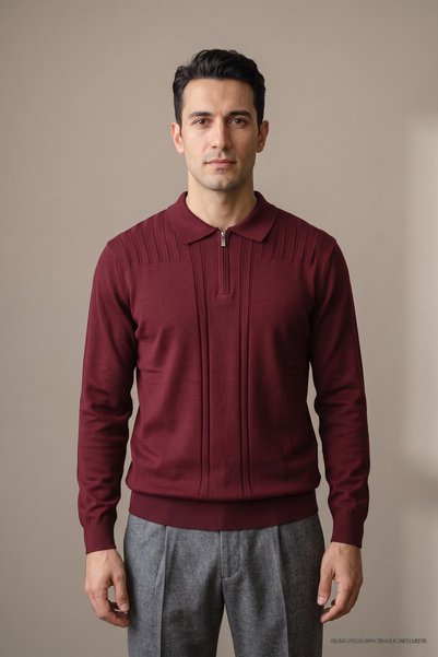 Maccali Pulover pentru bărbați, cu dungi și model, croială normală, roșu claret