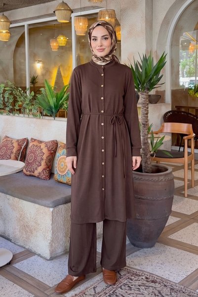 Generic Brand Women's High Collar Long Tunic with Buttons and Tie-Up Pants, P...