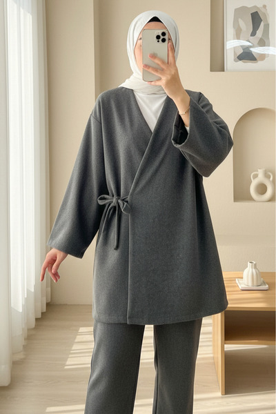 Modamorfo çapraz Bağlamalı Kaşe Kimono -füme