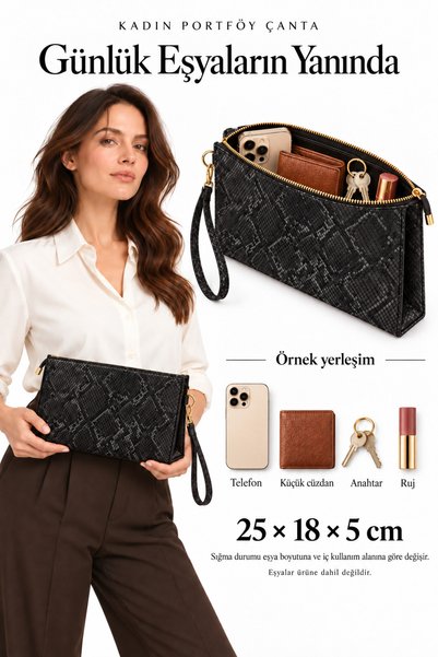 EYCH Nora Kadın Portföy El Çantası - Bilek Askılı Desenli Clutch Çanta
