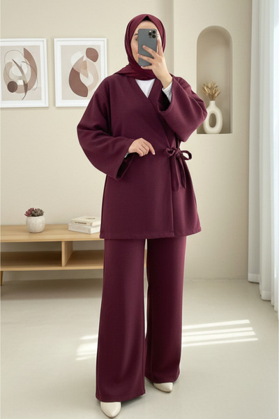 Modamorfo Çapraz Bağlamalı Kaşe Kimono -bordo