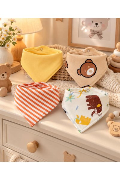 Lumos Trade Baby 100% Cotton Double Layer Cute Animals Scarf Food Bib Drool Bib Set 4 Pieces