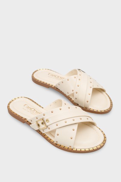Capone Outfitters Metal Look Buckle Short Heeled Cross-Strapped Women's Slippers