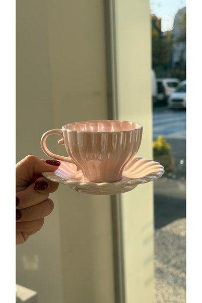 BOSHQAP Pinky Shine Pearlescent Powder Porcelain 6-Person Turkish Coffee Cup Set