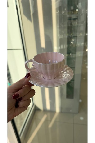 BOSHQAP Pinky Shine Pearlescent Powder Porcelain 6-Person Turkish Coffee Cup Set
