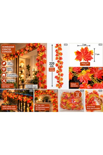 TEMA AJANS SÜS Yapay Sonbahar Akçaağaç Yapraklı Sarmaşık 220 cm 12'li Paket K...