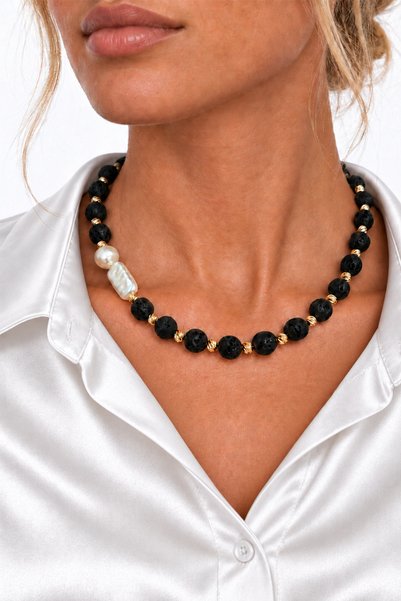 Modex Black Beaded Pearl Detailed Dorika Spacer Necklace (40cm)