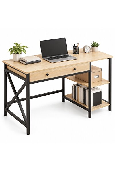 Generic Brand Birou industrial pentru computer, stejar deschis, 120 cm, cu 2 ...