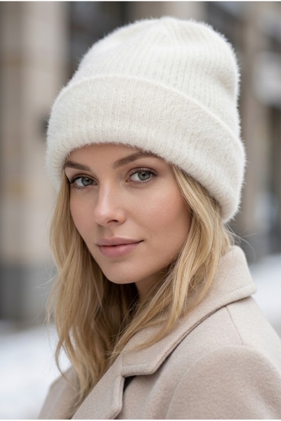 Belifanti Collection Women's White Winter Soft Bearded Beret Cotton Textured Plush Hat