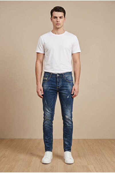OEM Blugi barbati casual regular fit prespalati cu zgarieturi decorative si p...