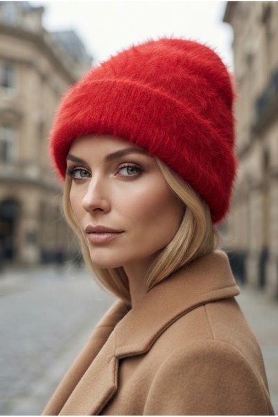 Belifanti Collection Women's Red Winter Soft Bearded Beret Cotton Textured Plush Hat