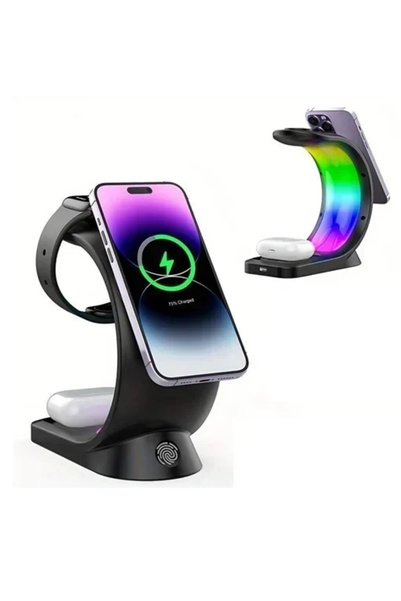 Andowl Βάση ασύρματης φόρτισης 3 σε 1 με φωτισμό RGB Q-A93 σε μαύρο χρώμα