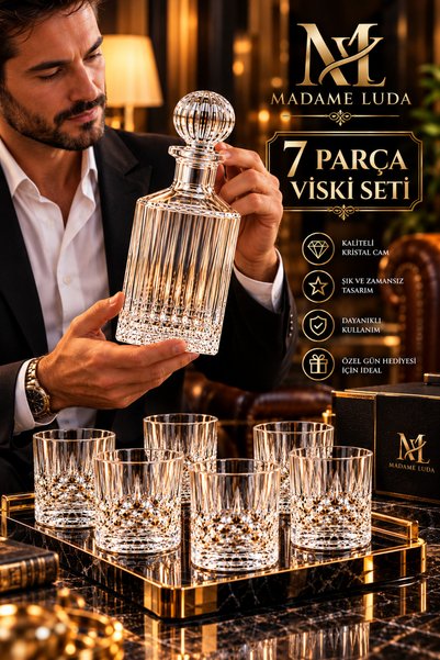 MADAME LUDA 7 Parça Kristal Kesim Viski Seti – Premium Cam Karaf ve Viski Bar...