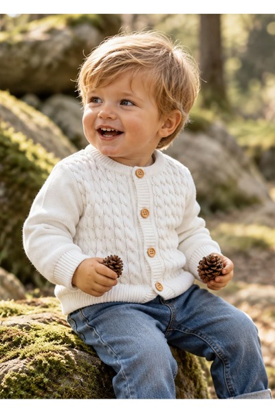 Ozmoz By Mukadder Özden Organic Knitwear Long Sleeve White Baby Boy Cardigan