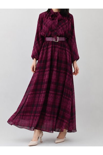 Hepsi Moda Plaid Pattern Belted Dress - 39021 - Cherry
