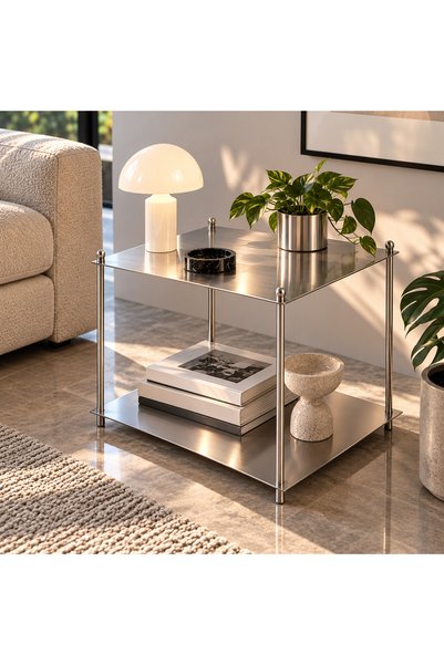 alkametal Paslanmaz Çelik 2 Katlı Modern Yan Sehpa 45x45x55 cm – Satine Krom
