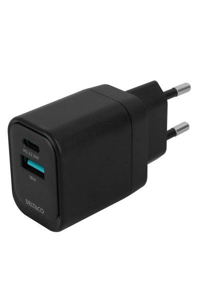 OEM Φορτιστής τοίχου, 1x USB-A 18 W, 1x USB-C PD 20 W, μαύρος USBC-AC153 Deltaco
