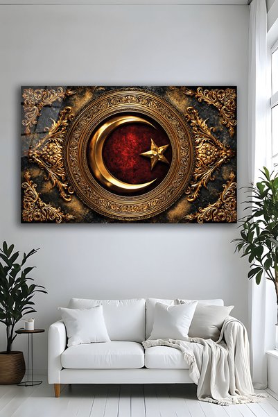 Parıltı Yayınları Gold Varak Ve Kırmızı Zemin Türk Bayrağı Cam Tablo Yatay Lü...