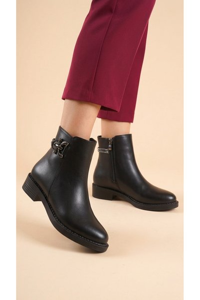Moda Lime Low Heel Zippered Women's Bootie with Stripe and Buckle Detail