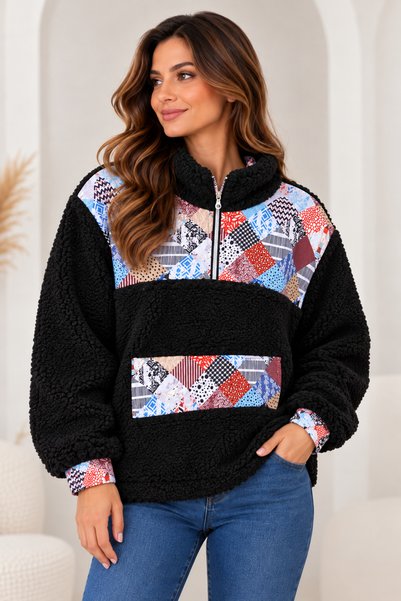 CNR TEKSTİL Women's Plush Sweatshirt – Ethnic Patterned Half-Zipper Stand Col...