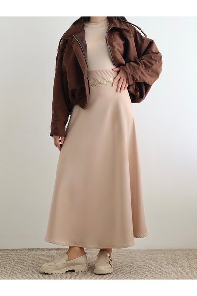 Hepsi Moda Satin Flared Skirt - Beige