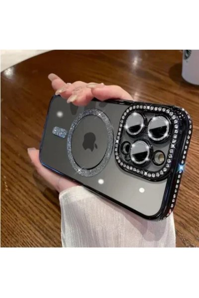 Apple Θήκη σιλικόνης Glitter and Strass MagSafe με προστασία κάμερας μαύρο iP...