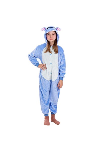 SERSIMO Salopetă pijama Stitch, cu glugă, urechi și coadă, 2 buzunare, închid...