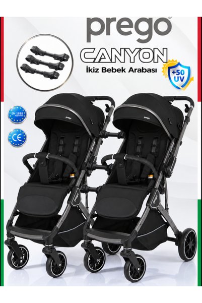 modabebekler İkiz Bebek Arabası Prego Canyon Çift Yönlü Birleşip Ayrılabilen Koldan Tek Tuş Frenli Yan Yana Sürüş