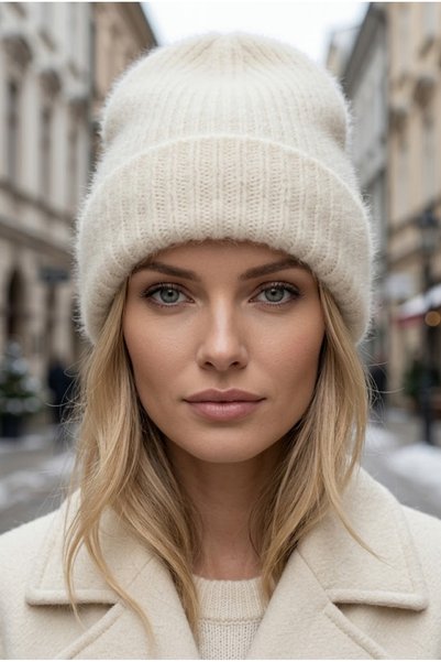 Belifanti Collection Women's Cream Winter Soft Bearded Beret Cotton Textured Plush Hat