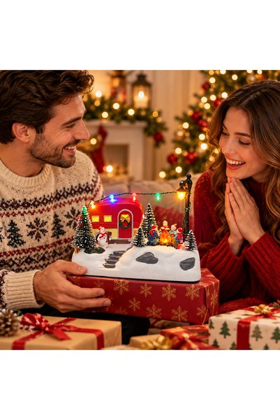 NUNU LED Işıklı 8 Farklı Müzikli Dönen Kamp Karavanı Yılbaşı Noel Köyü Dekoratif Müzik Kutusu
