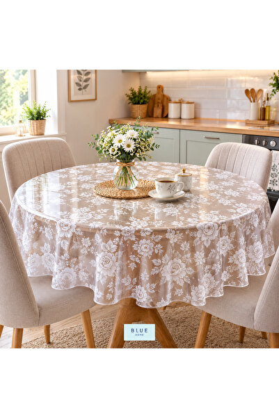 Blue Home Pvc Transparent Patterned Erasable Oilcloth Tablecloth White Floral-128
