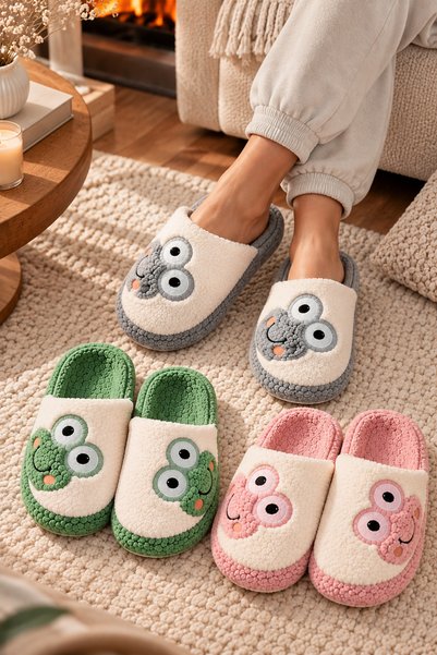Beyond Kadın 3’lü Pudra Yeşil Gri Kurbağa İşlemeli İçi Peluş Kürklü 3 Cm Tabanlı Kışlık Ev Terliği Seti BYNDKUR01