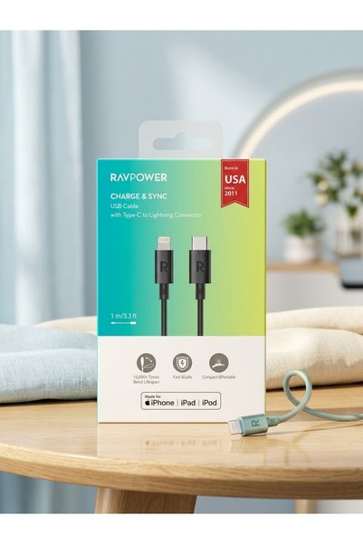 RavPower كيبل راف باور منفذ التايبسي الى الايفون بطول متر يدعم الشحن السريع جدا معتمدمن ابل جوده عاليه وكفائه في الشحن