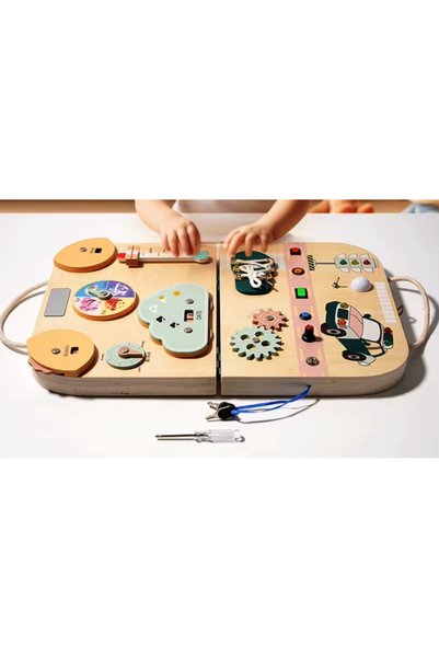 Generic Brand Geantă Montessori din lemn cu activități, lumini, calendar și tablă magnetică, pliabilă