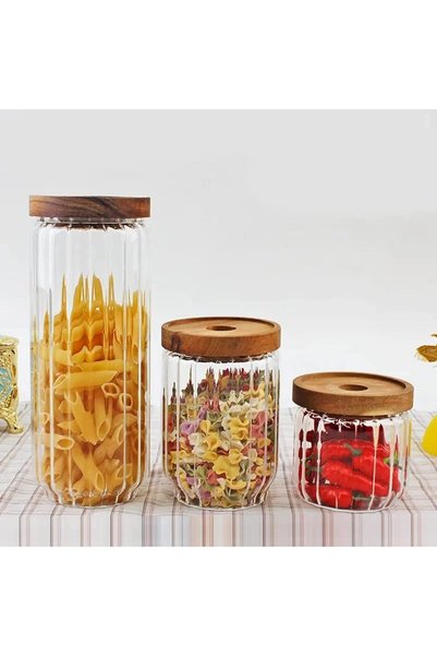 Generic Borosilicate Stripe Glass Food Storage Jar With Acacia Wood Air Tight...