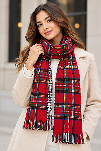 Asyabayrak Christmas Themed Plaid Patterned Fringed Scarf Shawl