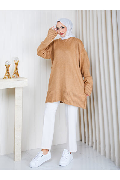 EFSUN MODA Women's Circular Neck Oversize Knitwear Tunic Sweater Tesettür