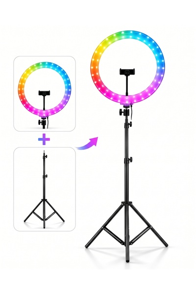 Primo Plus طقم إضاءة حلقية RGB مع إضاءة متعددة الألوان، حامل ثلاثي القوائم قا...