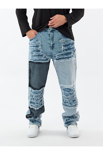 COCOPELLI Pantaloni bărbați din denim largi cu detalii din plasă ruptă COC3602