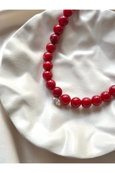 Alveole Jewelry Kırmızı Markiz Detaylı Boncuk Kolye